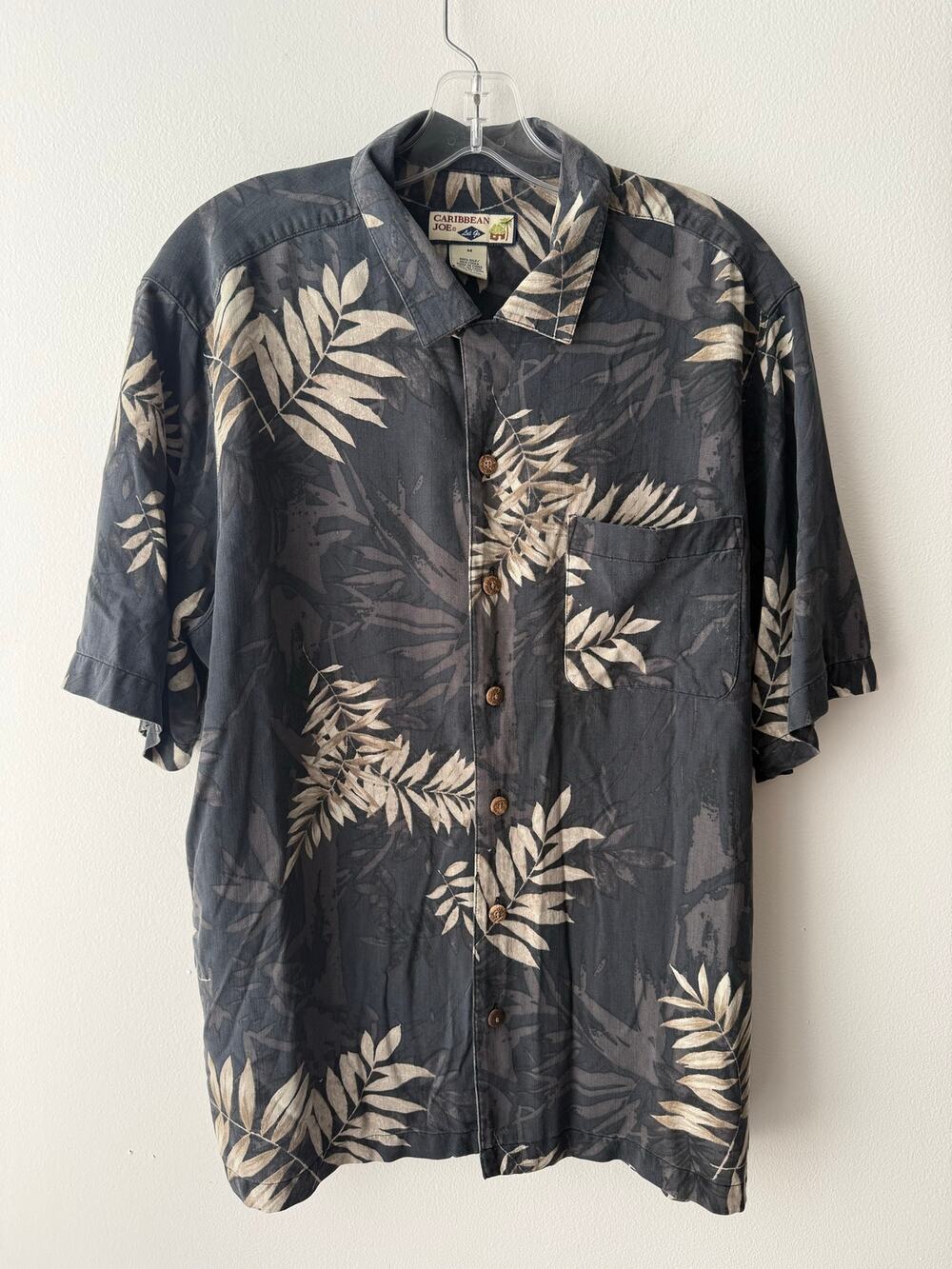 Vintage 90s Caribbean Joe Silk Tropical Shirt Gray Tan Palm Island Cruise Mens M